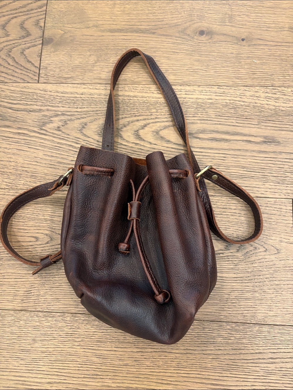Portland Leather Classic Brown Leather small  Drawstring Bucket Bag NWOT